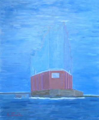 Arndt Tomás, Elbphilharmonie bei Morgenstimmung, H 60 x B 50 Oil on fiberboard,  © Arndt Tomás