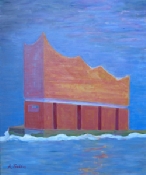 Arndt Tomás, Elbphilharmonie bei Morgenstimmung, H 60 x B 50 Oil on fiberboard,  © Arndt Tomás