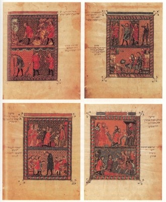 Haggada ("Rylands-Haggada"). Valencia?, um 1330. Blätter 12-15; ebd. S. 109