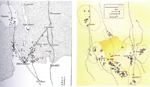 I siti margiani dell'età del Bronzo secondo Masimov (1979) e secondo Sarianidi (1990).