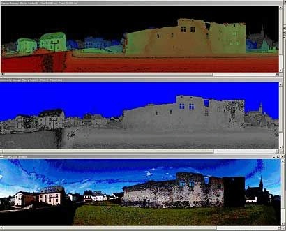 Darstellung verschiedener Informationen, die aus den Daten eines einzelnen Messvorgangs mit dem 3D-Laserscanner gewonnen wurden: Entfernungs-, Intensitäts- und Echtfarbinformationen (von oben nach unten).