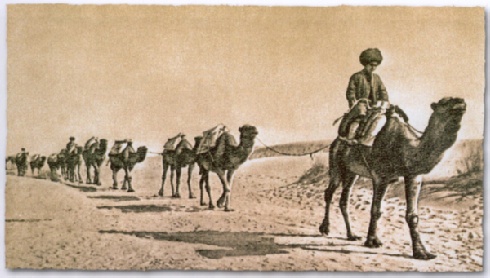 5. Carovana di cammelli lungo le piste del deserto del Karakum ritratta da Paul Nadar nel 1890. (Arch. del National Museum of Turkmenistan); ibid., pg 27.