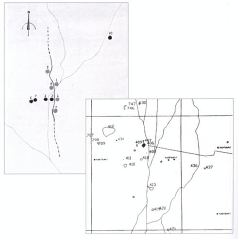 La distribuzione degli insediamenti nell'oasi di Adji Kui secondo Masimov e secondo la AMMD dell'IsIAO (sotto).
