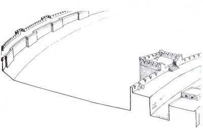 Impianto strategico di Mari III (ca 2200-1900 a.C.). Esternamente corrono le mura di cinta turrite percorse da un pomerio e. all'interno, svetta il mastio.
