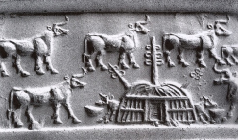 Ensempio di insediamento pastorale della fine del IV inizi del III mill. a.C. (Da un sigillo cilindrico di Khafaje, museo di Bagdad).