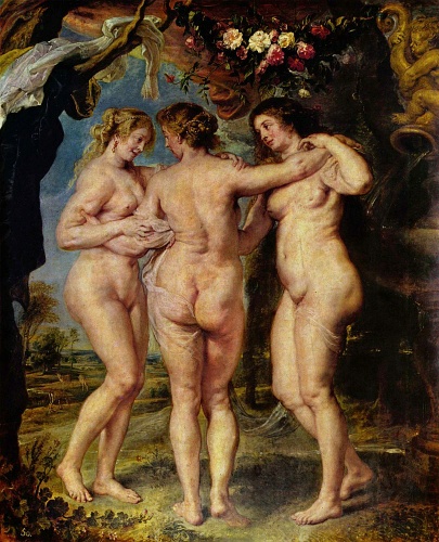 Rubens, Peter Paul: Die drei Grazien (1636-1638); Öl auf Leinwand, 221x181 cm; Madrid, Museo del Prado. Peter Paul Rubens portraitierte in diesem Bild seine zweite Frau, Hélène Fourment, sowie deren zwei Schwestern. Das Gemälde hängt im Prado Madrid.