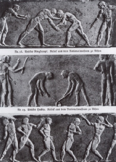 Abb. 54: Relief mit Sportszenen von der Statue einer Kuros-Basis, um 510 v. Chr., Athen, Nationalmuseum, aus: Unsterbliches Hellas, 1937; ibid., S.166