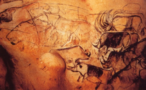 Linke Seite der Löwentafel und eine Nashornherde, Chauvethöhle, Ardèchetal, Frankreich, um 25 000-17 000 v. Chr., Pigment auf Kalksteinfels; Abb. 1.13, ebd., S. 34.