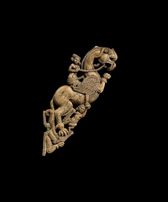 Fig.14: Cat. No. 209 Bracket in the form of a leogryph (Begram, Room 13) 1st - 2nd centuries AD (ivory, 30 cm (11 13/ 16)) -  National Museum of Afghanistan © Thierry Ollivier / Musée Guimet