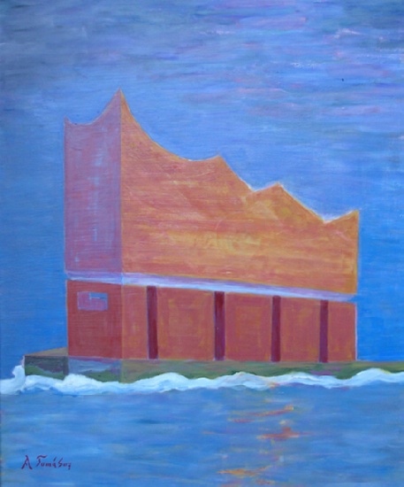 Arndt Tomás, Elbphilharmonie bei Sonnenuntergang, H 60 x B 50 Öl auf Hartfaser © Arndt Tomás