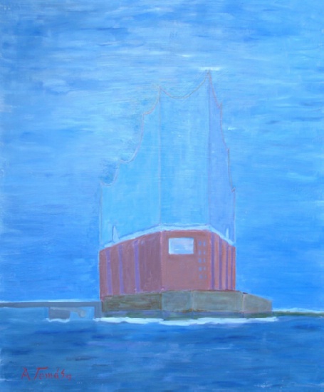 Arndt Tomás, Elbphilharmonie bei Morgenstimmung,  H 60 x B 50 Öl auf Hartfaser © Arndt Tomás