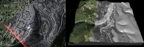 Burg Vianden (Luxemburg). Links: Helikopterbefliegung in der 3D-Visualisierung.Rechts: 3D-Geländemodell in verschiedenen Darstel­lungen: mit und ohne Vege­tation und Bebauung und mit den Texturdaten der RGB-Luftbildphotogram­metriekamera.