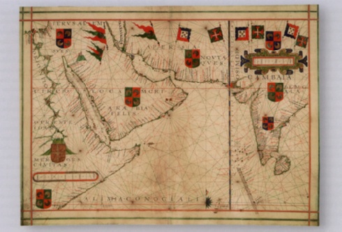 Abb. 8: Der nordwestliche Teil des Indischen Ozeans, aus einem Atlas von Fernão Vaz Dourado, um 1576, Kat.-Nr. V.I.27; ibid., S. 33.