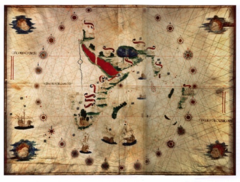 Abb. 9: Karte Süd- und Ostafrikas sowie des Indischen Ozeans, Jorge oder Pedro Reinel?, um 1509/10, Wolfenbüttel, Herzog August Bibliothek; ibid., S. 37.