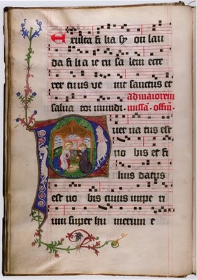 Tafel 9 Graduale, Wnterteil, 1458, Pergament, Stadtbibliothek Nürnberg, Cent. V, App. 34p fol. 20v: Geburt Christi, historisierte Deckfarbeninitiale der Barbara Gewichtmacherin (Foto: StB Nürnberg). ebd., S. 486