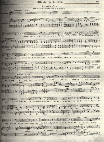 Abb 2: Horand's Lied "Über die Berge". Illustrirte Zeitung vom 14. Juni 1851, S. 425 (Bayerische Staatsbibliothek München); ebd. S. 65.