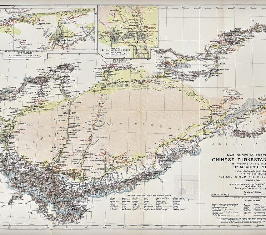 Map of Central Asia (1922) by Aurel Stein, published in "Serindia", vol. 5 - public domain, copyright has expired.