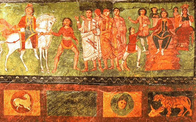 Die erste erhaltene künstlerische Darstellung der Estergeschichte ist ein Fresko der Synagoge von Dura Europos, etwa 245 n. Chr. Rechts thront König Ahasveros, neben ihm Ester als Königin. Links wird Mordechai geehrt, indem er auf dem Pferd des Königs reiten darf, das von Haman geführt wird, vgl. Est 6,6–11 ZB. Mordechai ist als vornehmer Parther gekleidet, Haman dagegen als Römer (Nationalmuseum Damaskus)